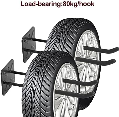 Sinoer 4 Pack Metal Wall Mount Garage Double Storage Hooks | 12.44 inch heavy double wall hooks store ladders, bikes, tires, garden tools & strollers for garage storage
