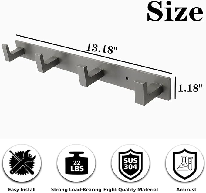 Coat Rack, Heavy Duty Stainless Steel 4 Tri Coat Hook Hanger, Wall Mounted Storage Wall Hooks, Rustic Clothes Hook/Key Hook Rail for Bathroom Kitchen Entryway(4 Hook Grey)