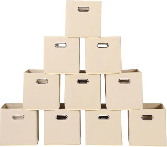 Fabric storage bins Cubes, Fabric Cube Organizer with Handle, Foldable Cube Bins for Cloth or Accessary Storage, 11x11x11, Set of 10, (Creamy White)
