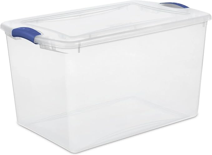 Large Storage Bin with Latch Lid (4 Pack) – 66 Quart Clear Plastic Storage Container, Blue Latches, Stackable Bins for Home Organization