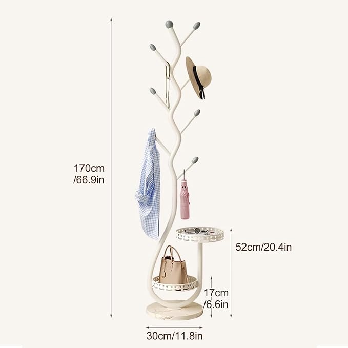 Metal Standing Coat Rack, Small Space Coat Rack Freestanding Hanger Coat Stand with Natural Metal Base & 8 Hooks, Tree-Shaped Coat Rack for Entryway, Hallway, Bedroom, can Hang Clothes, Hats (White)