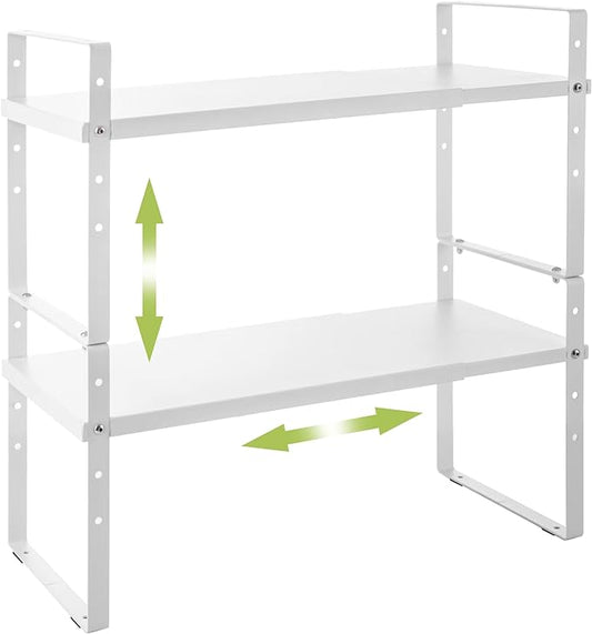 Across-Star Expandable Cabinet Shelf Organizer Rack, Stackable Kitchen Counter Storage Shelves Stand, Adjustable Height Pantry Shelf Spice Rack (White, 2 Pack)
