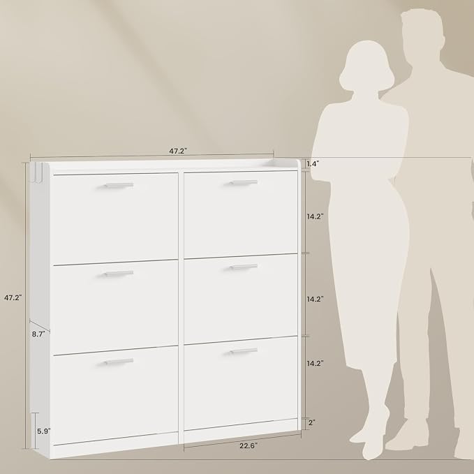 Modern Shoe Cabinet Organizer with 6 Flip Drawers, 47.2" W White | Freestanding shoe storage cabinet for entryway,foyer and hallway, space-saving flip drawers,Adjustable Shelves & 2 Hooks