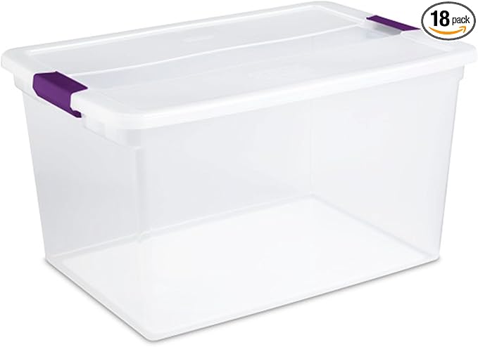 Sterilite ClearView Latch Boxes, Storage Bins with Lids, 66 Quart, 18-Pack | Clear Plastic Organizers with Color Accent Latches for Closet, Bedroom, Shelving Units, Dorm Room and Home Organization