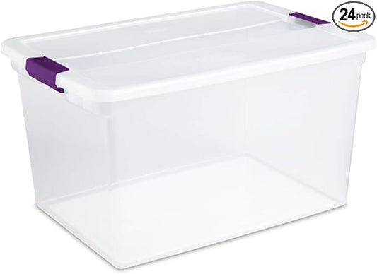 Sterilite 66 Qt ClearView Latch Storage Box, Stackable Bin with Latching Lid, Organize Clothes, Blankets, Items in Closet, Clear Base and Lid, 24-Pack | Clear Plastic Organizers with Color Accent Latches for Closet, Bedroom, Shelving Units, Dorm Room a...