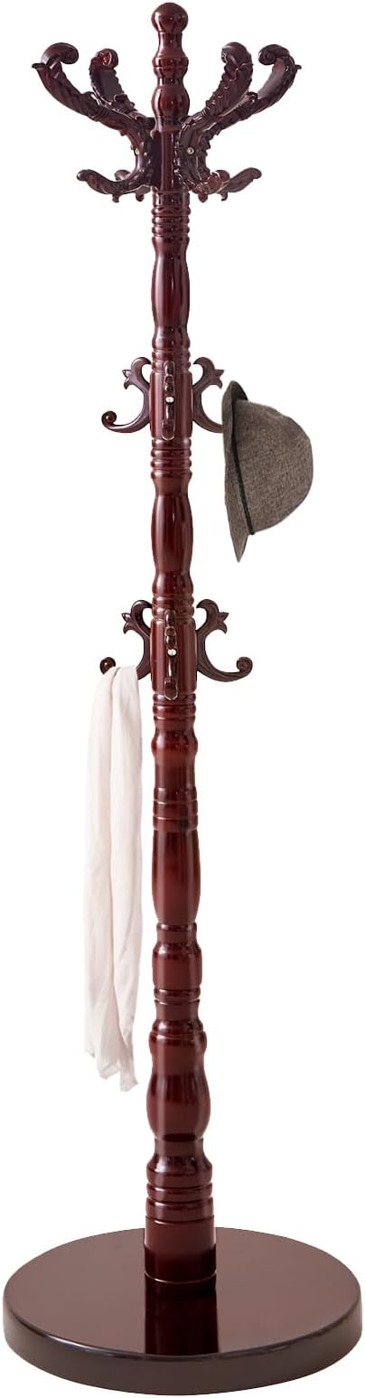 ZOZOE Wooden Coat Rack,Vintage Coat Rack Freestanding with 14 Hooks | Solid Wood Coat Rack Stand with Round Base,Classic Natural Birch Wood Coat Clothes Tree Stand for Entryway Hallway