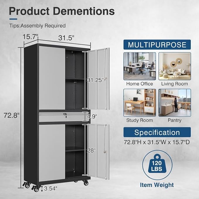 Metal Storage Cabinet with Wheels, 73" Tall Garage Rolling Storage Cabinets with Doors and Shelves, Lockable Tool Caninet Steel Locking Cabnets for Home Office, Garage, Pantry