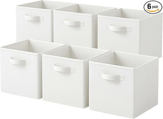 PowerKing Collapsible Storage Cubes, Farbic Storage Bins, White, 6 Pack | Sturdy, Lightweight, Easy Pull Handle, Closet & Shelf Organizer, Clothes and Toys Storage, 10.5'' x 11'' x 10.5''
