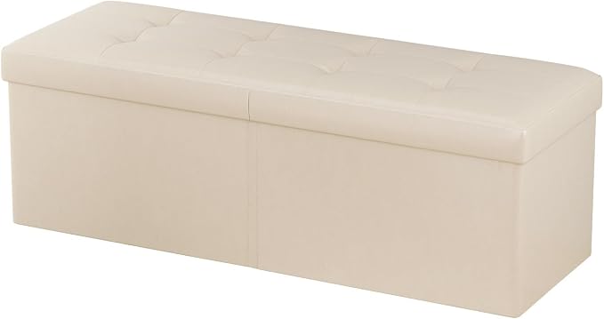31.5 Inch Foldable Storage Ottoman Bench for Bedroom, Ivory | Foldable Footstool, Multi-Functional Foot Rest, End of Bed Bench, Large Hidden Storage Space, Storage Chest For Living Room