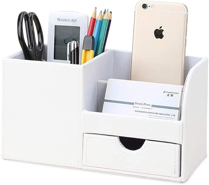 Desk Organizer Office Supplies Caddy Pu Leather Multi-function Storage Box Pen/Pencil,Cell phone, Business Name Cards Remote Control Holder with Small Drawer White