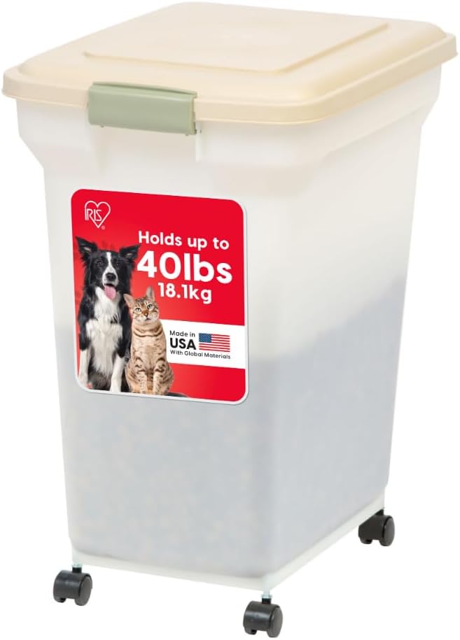 IRIS USA Airtight Dog Food Storage Container, WeatherPro, Up to 40 lbs, Removable Wheels, for Dog Cat Bird and Other Pet Food Storage Bin, Keep Fresh, Translucent Body, Made in USA, Almond/Pearl