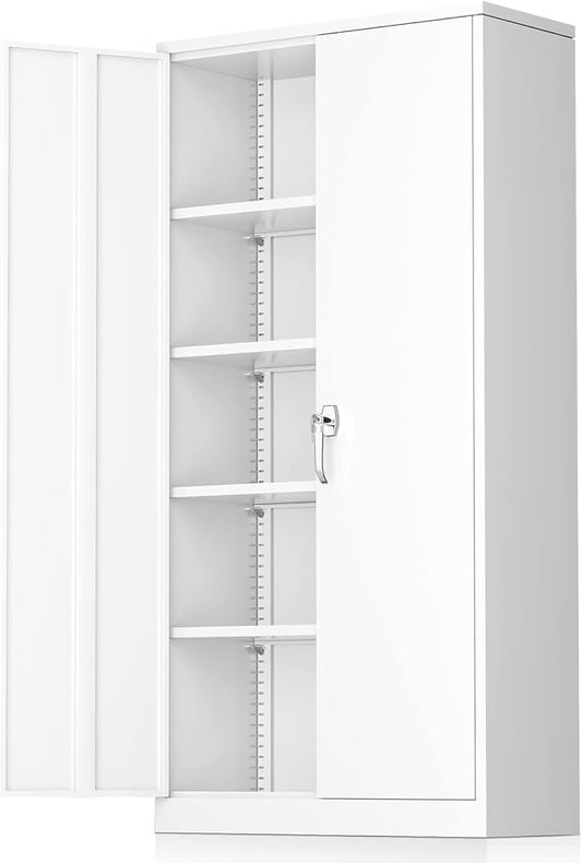 Greenvelly Metal Garage Storage Cabinet with 2 Doors & Adjustable Shelves, 72" Lockable Steel Tool Cabinet - White - (36" W x 18" D)