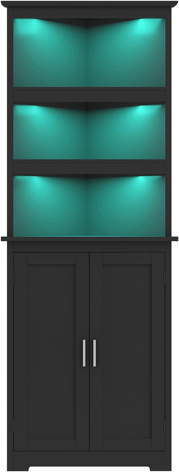 Corner Cabinet, Tall Corner Hutch with 5 Shelves & 2 Doors, Bathroom Cabinet with Adjustable Shelf, for Living Room, Kitchen, Bathroom, Black