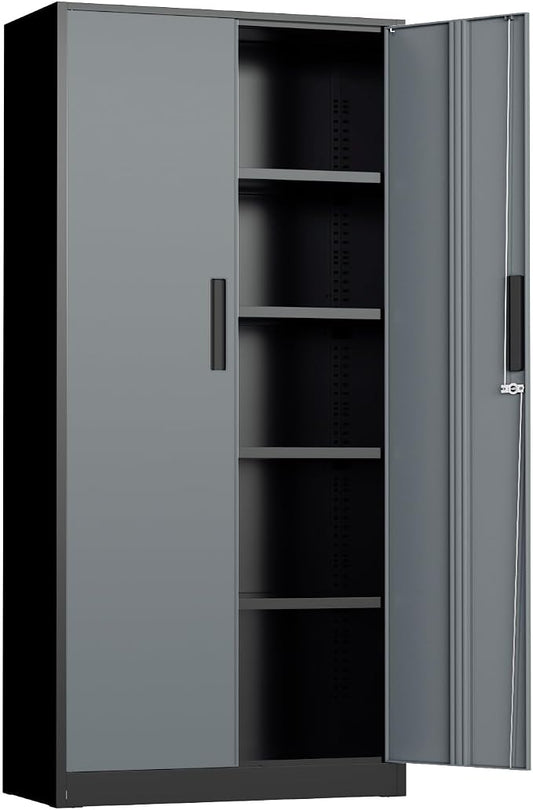 INTERGREAT Metal Storage Cabinet, 72" Locking Steel Cabinets with 2 Door and 4 Adjustable Shelves, Tall Metal Cabinet for Home Office, Garage, Warehouse,(Black+Grey)