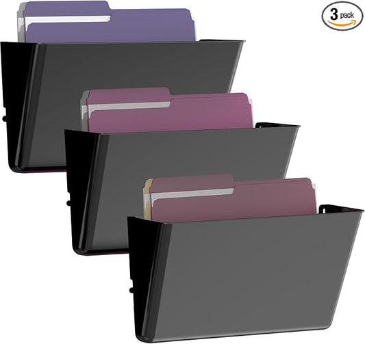 Gawerk Clear Acrylic Single Pocket, Plastic Hanging Wall Mount File Holder for Office Home (Black, 3 Pack)