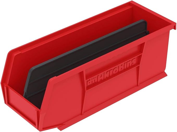 Akro-Mils 30224 AkroBins Plastic Storage Bins, 11"x 4"x 4", Red, 12-Pack | Space-Saving Stackable Bins for Garage, Pantry, Craft Organization