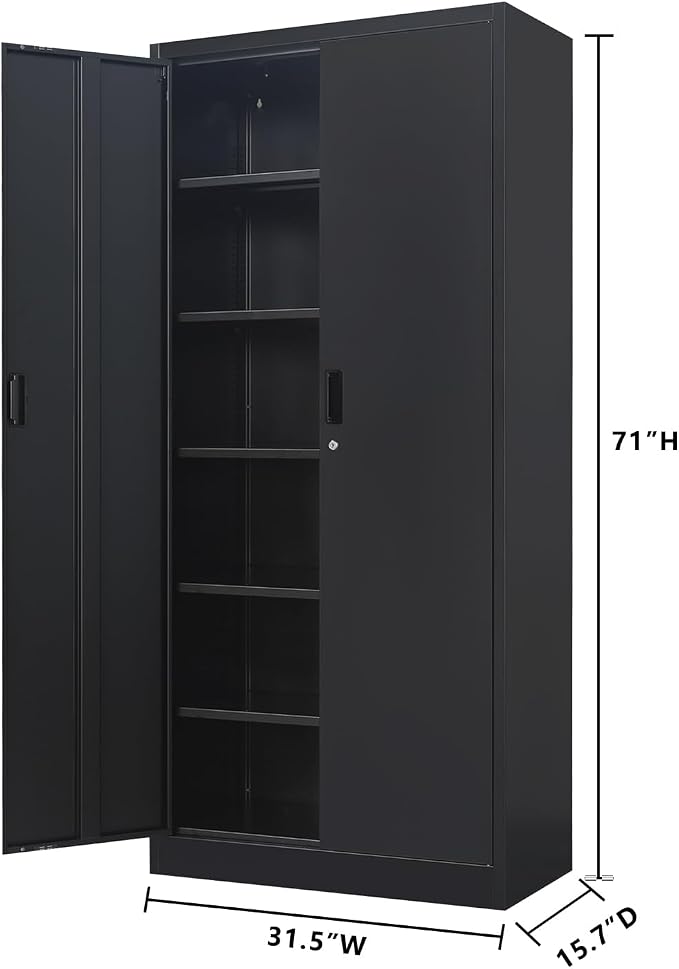 CJF 71" H Metal Storage Cabinet, Locking Cabinet with 2 Doors and 5 Adjustable Shelves, Black Tall Cabinet for Garage, Home, Office, Pantry, Workshop, School