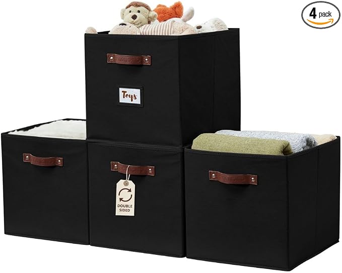 DECOMOMO Storage Bins, Storage Baskets for Shelves | 13" x 15" x 13" Storage Cube Bins with Labels for Organizing Shelves (Kallax, 4pcs, Black)
