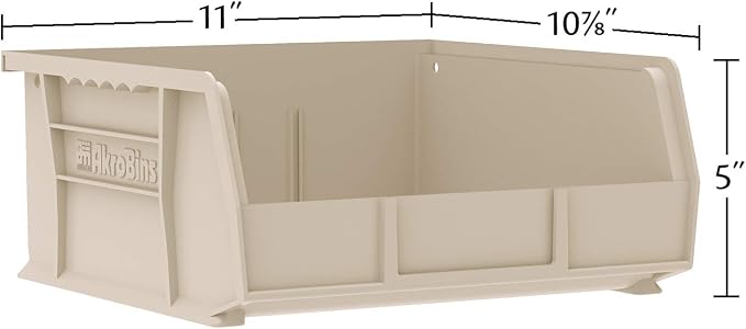 Akro-Mils 30235 AkroBins Plastic Storage Bins, 11"x11"x5", Stone, 6-Pack | Space-Saving Stackable Bins for Garage, Pantry, Craft Organization