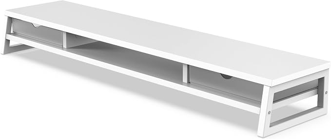Fenge Dual Monitor Stand Riser, 42.5in Desk Shelf with 2 Drawers, White | 2-Tier Monitor Shelf for Desk, Storage Drawer with Stopper, Frosted, fit Home Office, Ultrawide Screen, PC, Laptop, TV