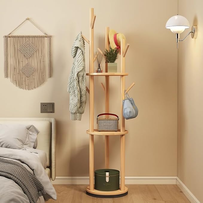 YYW Multifunctional Wood Coat Rack Stand With 9 Hooks And 3 Shelves | Free Standing Organizer For Jackets, Hats, Shoes, Perfect For Bedroom, Hallway, Small Space