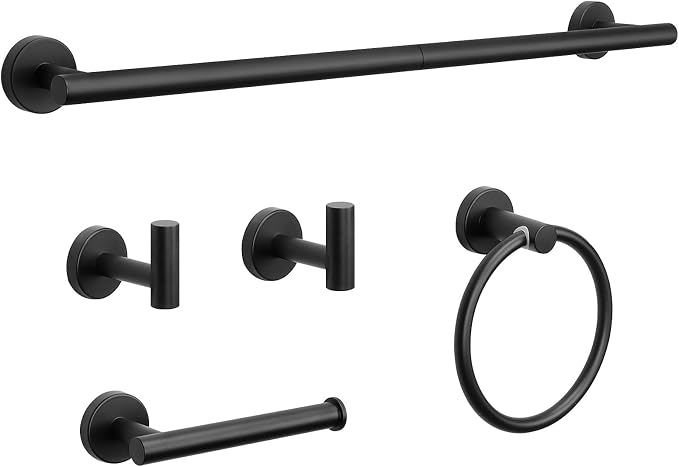 NearMoon 5 Pieces Bathroom Hardware Set SUS304 Thicken Stainless Steel-Towel Rack Kit Include 24" Towel Rod + Bath Towel Ring + Toilet Paper Holder + Robe Towel Hooks Bath Accessories (Matte Black)