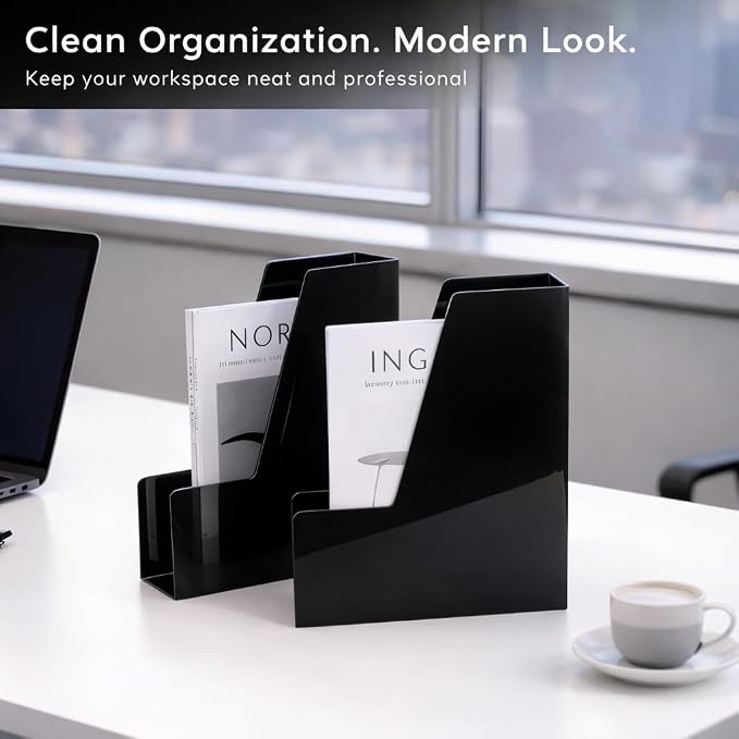 CiWiVOKi Vertical Magazine File Holder, Desk Organizer and Storage for Magazines, Binders, Notebooks, Envelopes, Multi-Purpose Desktop File Organizer for Home, Office & Classroom, 4 pack, Black