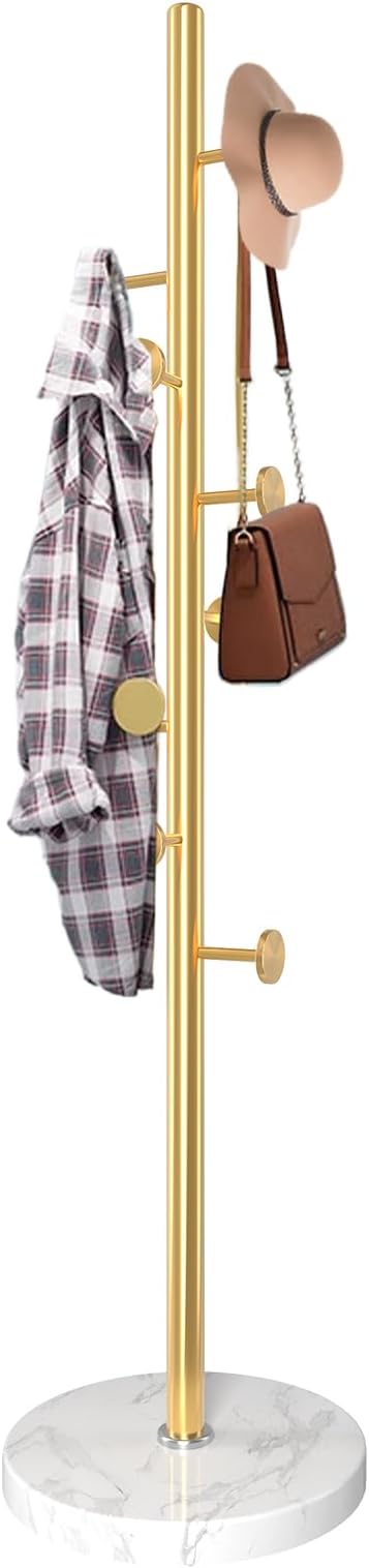 Coat Rack Stand,Golden Metal Coat Rack Freestanding with 8 Hooks | Modern Coat Rack with Natural Marble Base,Coat Hanger Stand, 3 Adjustable Coat Clothes Tree Stand for Office