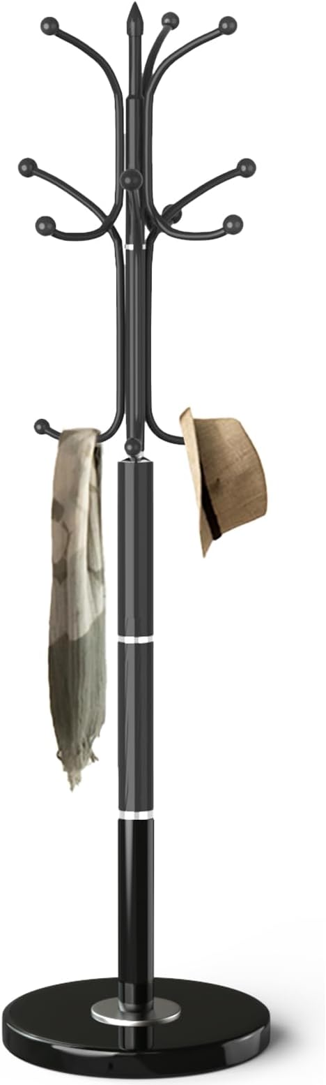 OIRUMIE Coat Rack,Coat Rack Stand with 12 Hooks,Coat Tree Stand for Corner | Coat Rack Freestanding with Natural Marble Base,Black Modern Coat Clothes Hall Tree Hanger Stand for Hallway,Entryway