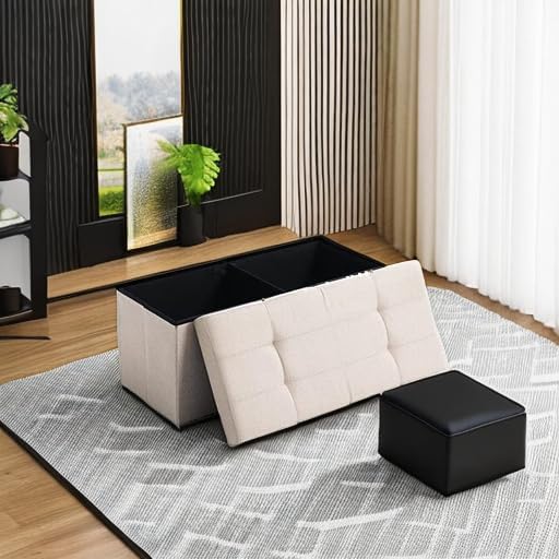 Storage Ottoman Bench Foldable Seat Footrest End of Bed Ottoman with Flipping Lid for Living Room, 75L, 30 inches Linen Fabric Beige