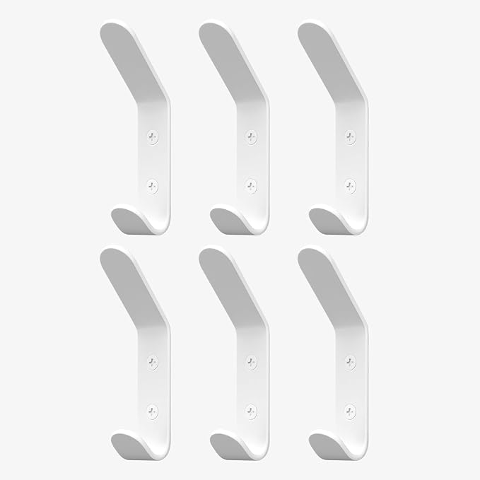 Wall Coat Hook Rack - Set of 6 - White Metal Hooks for Hanging Coats - Hat Hooks - Hat Hangers for Wall