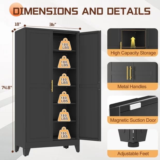 PAOFIN 75" Metal Kitchen Pantry Cabinet, Storage Cabinet with Doors and 5 Adjustable Shelves, Cabinet with 2 Metal Handles,Tall Cabinet for Livingroom,Pantry, Bathroom,Kitchen Black