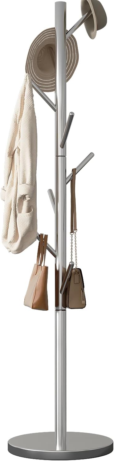 Coat Rack Freestanding Metal Coat Rack Stand with 8 Hooks,Silver | Sturdy Heavy Duty Modern Coats Tree for Bags Clothes Hall Tree Hats Hanger Holder Stand for Entryway Bedroom Hallway Office