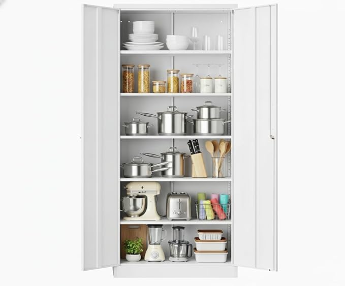 GarveeHome Storage Metal Cabinet 71" with Doors and Shelves Adjustable Adjustable Feet and Lock Tall Storage Cabinet for Pantry Garage Craft Bedroom Office