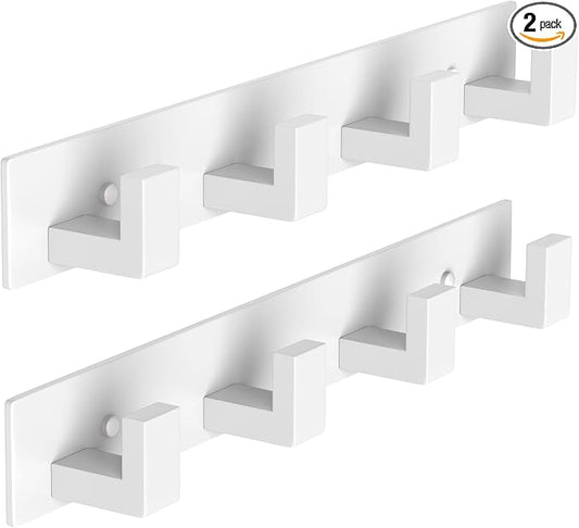 PMMASTO Stainless Steel Coat Rack Wall Mounted, Heavy Duty Metal Hook Rail for Hanging Coats Hats Towels Robes Bags, Modern Wall Hooks Organizer (White, 4 "L Hooks, 2 Pack)