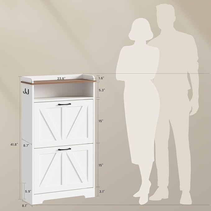 Farmhouse Narrow Shoe Cabinet with 2 Flip Drawers, 23.6" W White | Freestanding shoe storage cabinet for entryway,foyer and hallway,slim design width and space-saving flip drawers