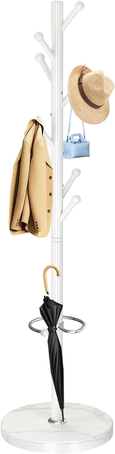 OIRUMIE Coat Rack,Metal Coat Rack Frestanding,White Coat Stand for Entryway | Coat Rack Stand with Marble Base & Umbrella Holder,Modern Coat Hanger Stand,Coat Clothes Tree Stand for Hallway