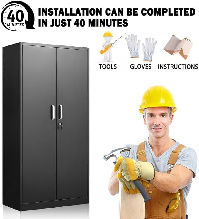 Approgreent Metal Storage Cabinet with Adjustable Shelves, Garage Cabinet with 2 Lockable Doors, Garage Storage Cabinet, Kitchen Pantry Cabinet - 71'H, Black