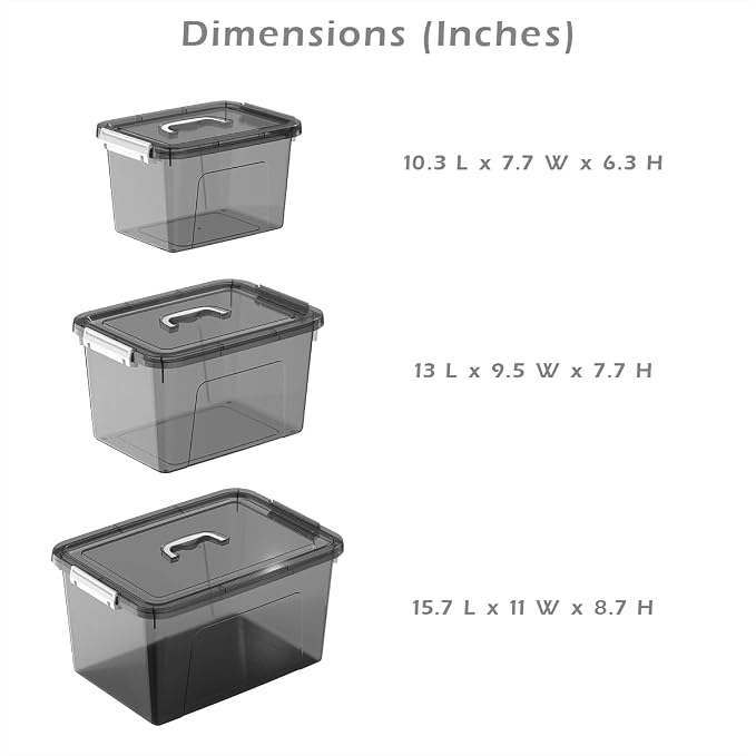 Plastic Storage Bins with Lids, 3 Pack Mixed Sizes (22 Qt, 16 Qt, 7 Qt) Clear Black Stackable Organizer Boxes with Latches for Closet, Pantry, Garage, Bathroom, Office