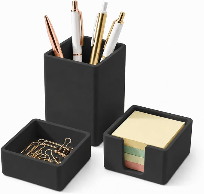 minimaliving Aesthetic Silicone Desk Organizer Set of 3,Modern Office Desk Accessories with Pen Holder,Paperclip Tray,Sticky Note Holder,Stylish Functional Office Desk Decor for Back-to-school(Black)