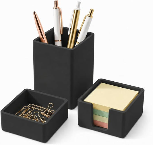 minimaliving Aesthetic Silicone Desk Organizer Set of 3,Modern Office Desk Accessories with Pen Holder,Paperclip Tray,Sticky Note Holder,Stylish Functional Office Desk Decor for Back-to-school(Black)