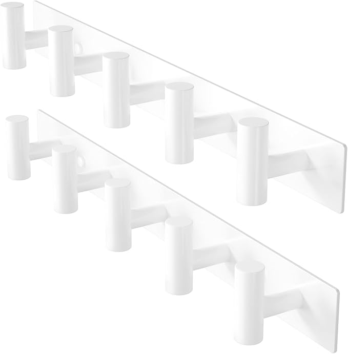 White Wall Mounted Coat Rack – 5 T-Shaped Hooks on 16.5" Rail, (2 Pack) | for Hanging Hats, Bags & Towels, Heavy-Duty Metal Hooks for Entryway, Bathroom, Closet, Bedroom