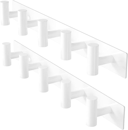 White Wall Mounted Coat Rack – 5 T-Shaped Hooks on 16.5" Rail, (2 Pack) | for Hanging Hats, Bags & Towels, Heavy-Duty Metal Hooks for Entryway, Bathroom, Closet, Bedroom