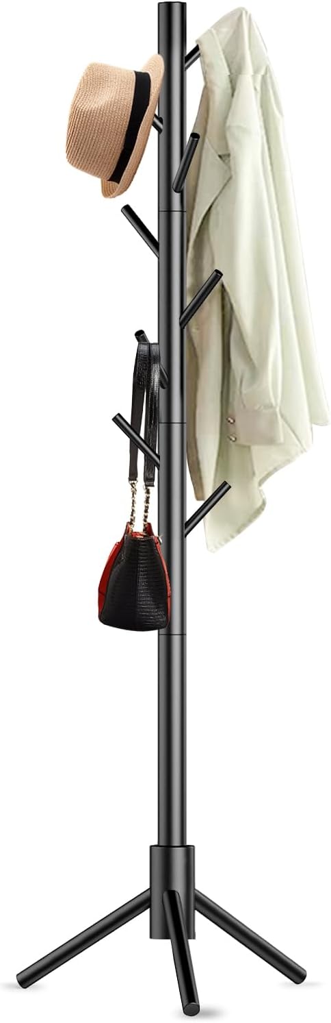 Aliphon Wooden Coat Rack Stand, Freestanding Coat Rack with 8 Hooks, 3 Adjustable Size Coat Tree for Hats, Coats, Scarves bags, Coat Hanger Stand Used in Bedroom/Office/Entryway (Black)
