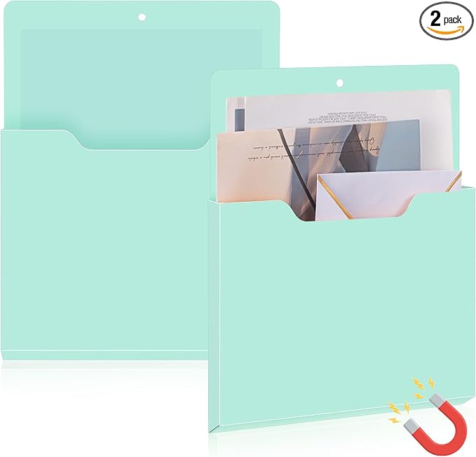 Feifeiya 2 Pcs Magnetic File Folder Wall Hanging Holder Large Pocket Paper Magazine Mail Organizer for Refrigerator Classroom Locker Whiteboard(Vertical,Mint Green,12.2 x 9.4 Inches)