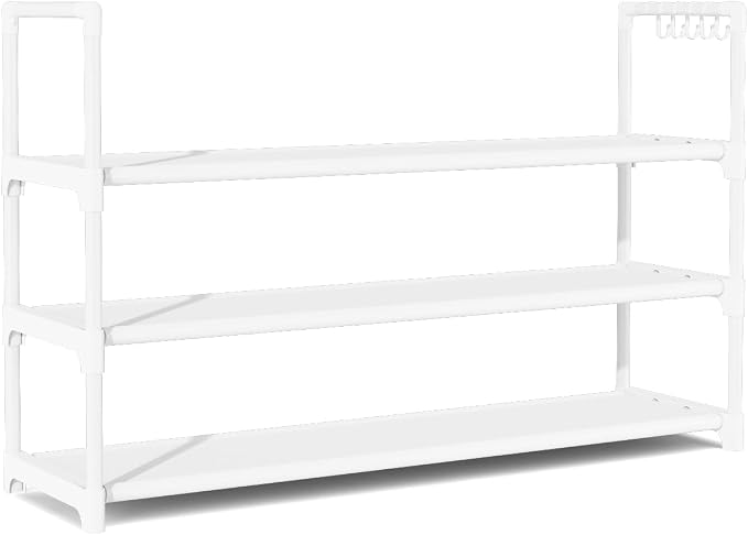 VILICK Shoe Rack for Closet Shoe Organizer Space Saver Storage for 12-15 Pair Shoe Shelf with Hook Free Standing 3 Tier Shoe Rack Organizer for Entryway, Small Spaces, White