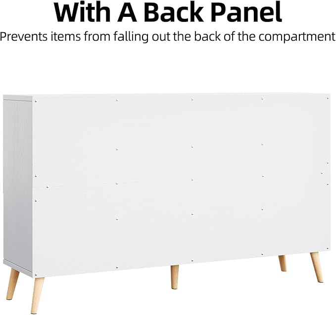 8-Cube Storage Organizer with Doors & 5 Solid Wood Legs, Mid-Century Modern Bookshelf with Seamless Top, Horizontal Cubby Toy Storage for Kids, Sideboard Media Console fits 11" Bins, White