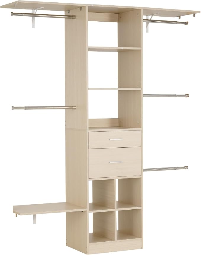 VEVOR Closet System with 2 Drawers, Adjustable Height Wooden Closet Organizers, Modern Walk-in Wardrobe Organization with 5 Retractable Clothes Hanger Rods, Freestanding Garment Rack Storage, Oak