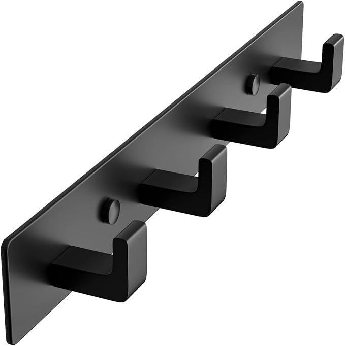 Black Coat Rack Wall Mount - 12.5" Rail with 4 Right-Angle Hooks(1 Pack) | Drill-Mounted Organizer for Coats, Hats, Bags in Entryway, Bathroom, Bedroom