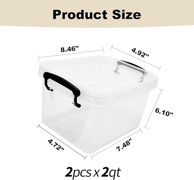 2 Pack 2 QT Plastic Storage Bins with Lids | Clear Stackable Bins with Secure Latches and Handles Heavy-Duty Storage Containers For Home Office and Garage Organization